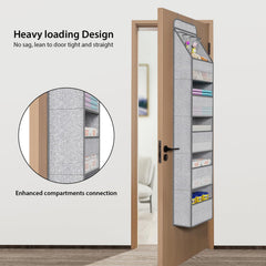 Univivi over-door organizer gray pattern pocket closeup highlights large PVC pockets for bottles.