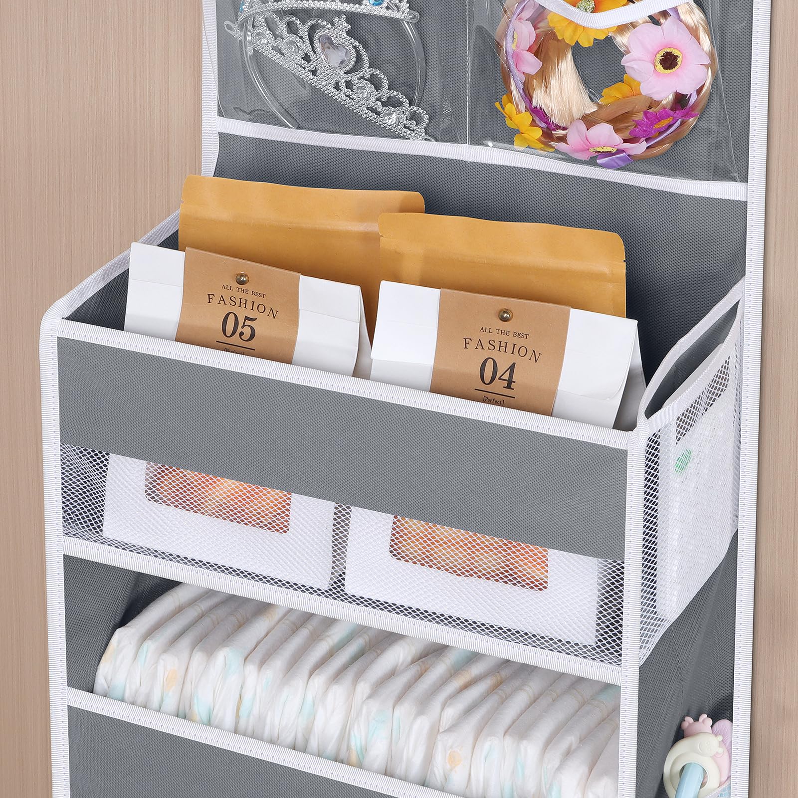 Univivi over door organizer installed on door demonstrates easy, universal mounting.