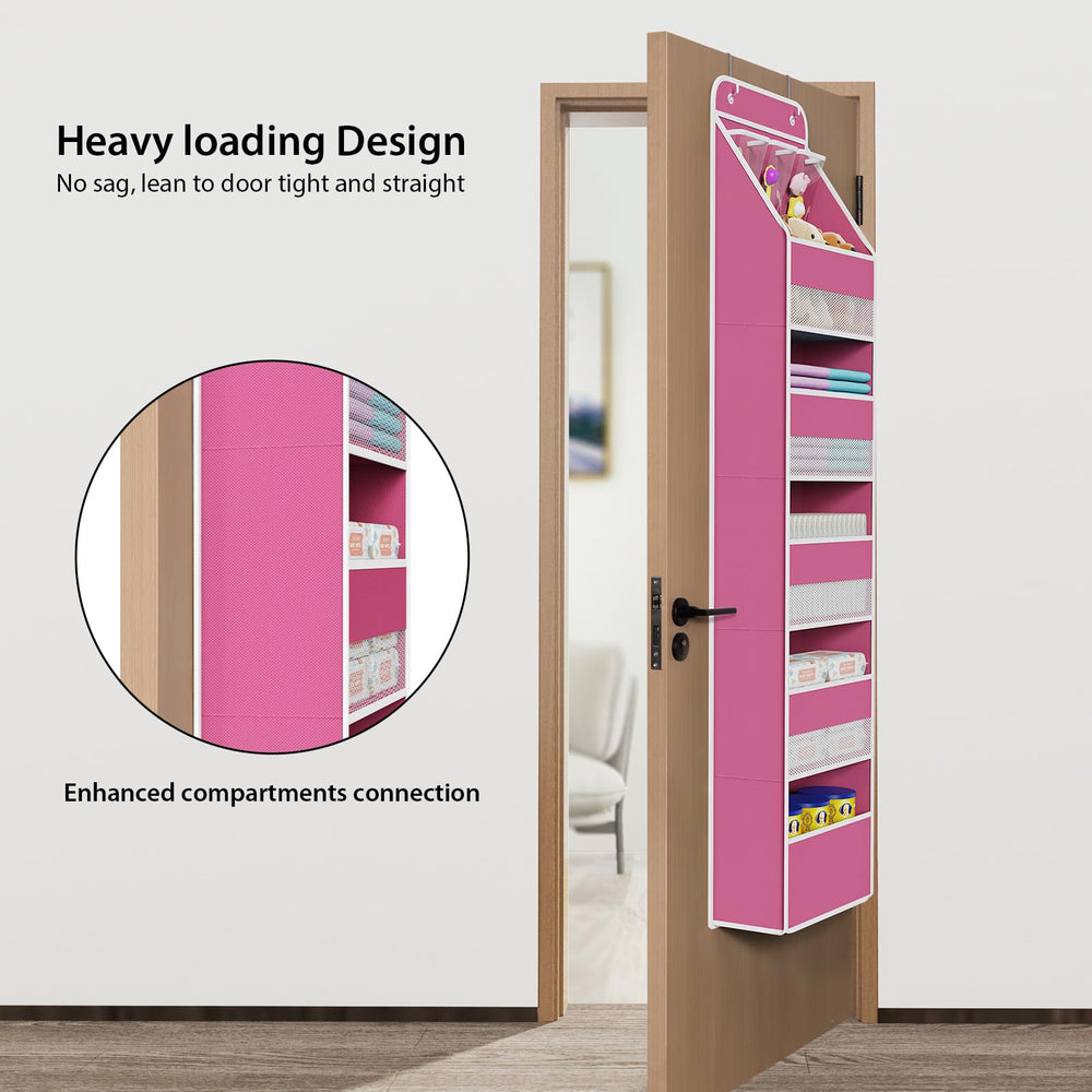 Univivi over-door organizer pink fabric close-up highlights durable stitching and non-toxic materials.