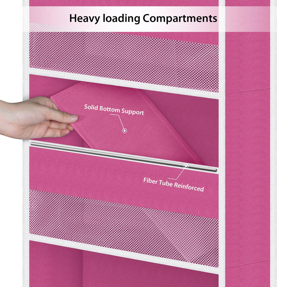 Univivi over-door organizer pink pocket layout demonstrates five large and three small pockets for bottles and clothes.