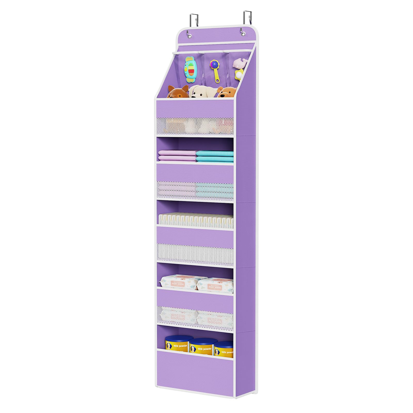 Univivi over door organizer purple front view—space-saving nursery storage for essentials.