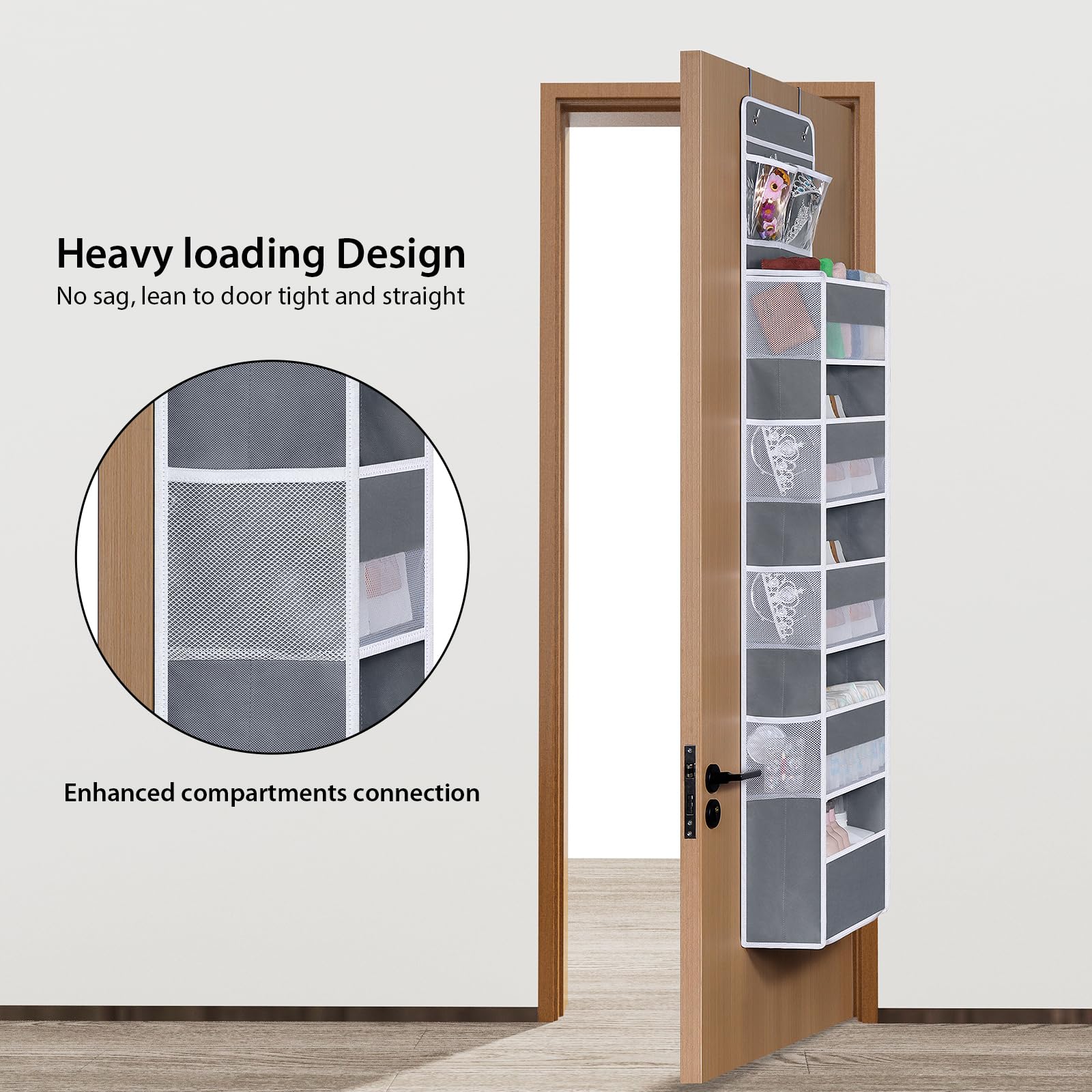 Univivi over door organizer PVC pockets provide clear, ventilated storage for cosmetics.
