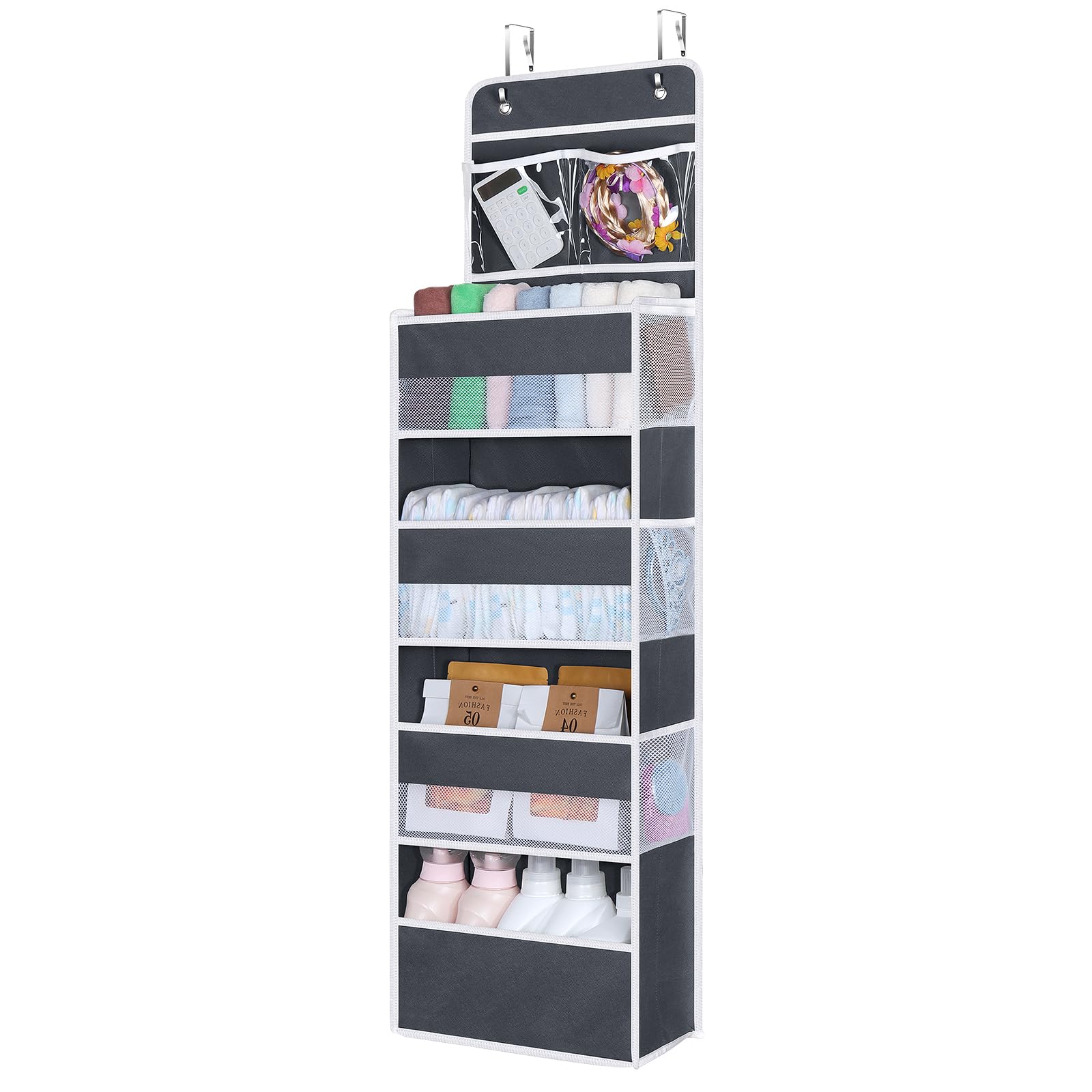 Univivi over-the-door organizer with 6 side mesh pockets offers versatile storage.