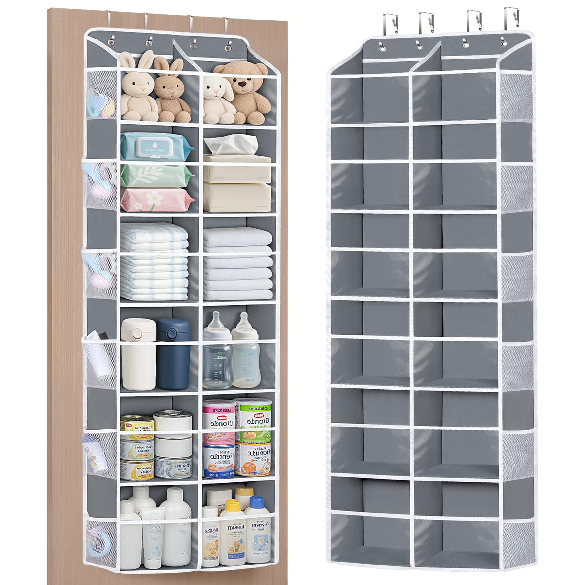 Univivi over-the-door organizer shows six tiers behind a door for clutter-free storage.