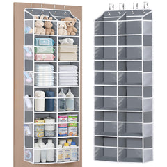 Univivi over-the-door organizer shows six tiers behind a door for clutter-free storage.