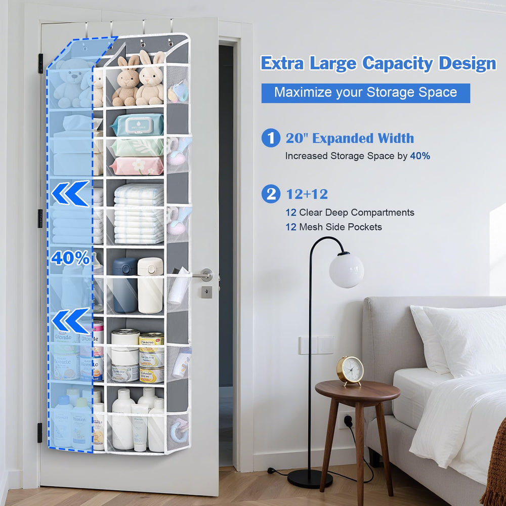 Univivi over-the-door organizer highlights clear deep pockets for easy access to essentials.