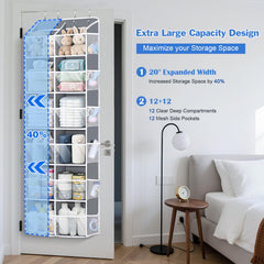 Univivi over-the-door organizer highlights clear deep pockets for easy access to essentials.