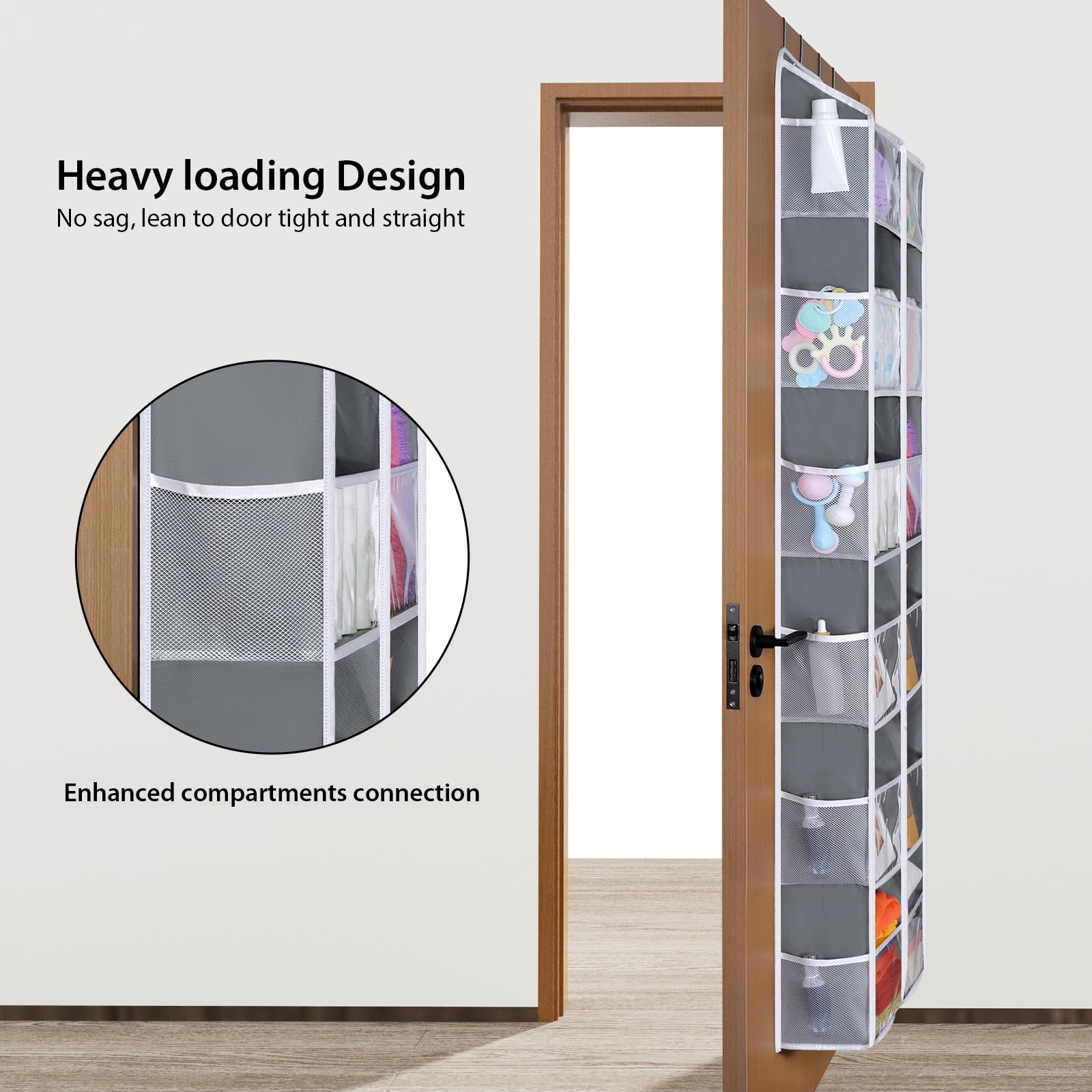 Univivi over-the-door organizer uses clip-on hooks for tool-free setup.