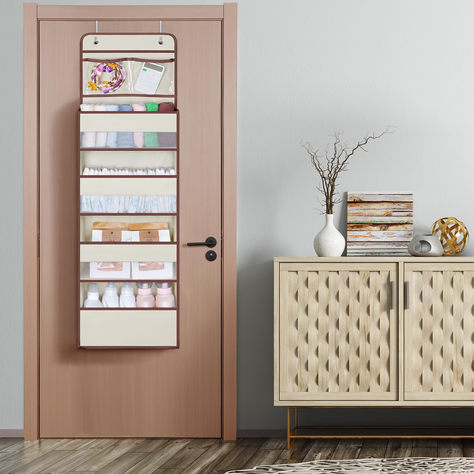 Univivi side pockets filled with cosmetics and small toys for easy access.
