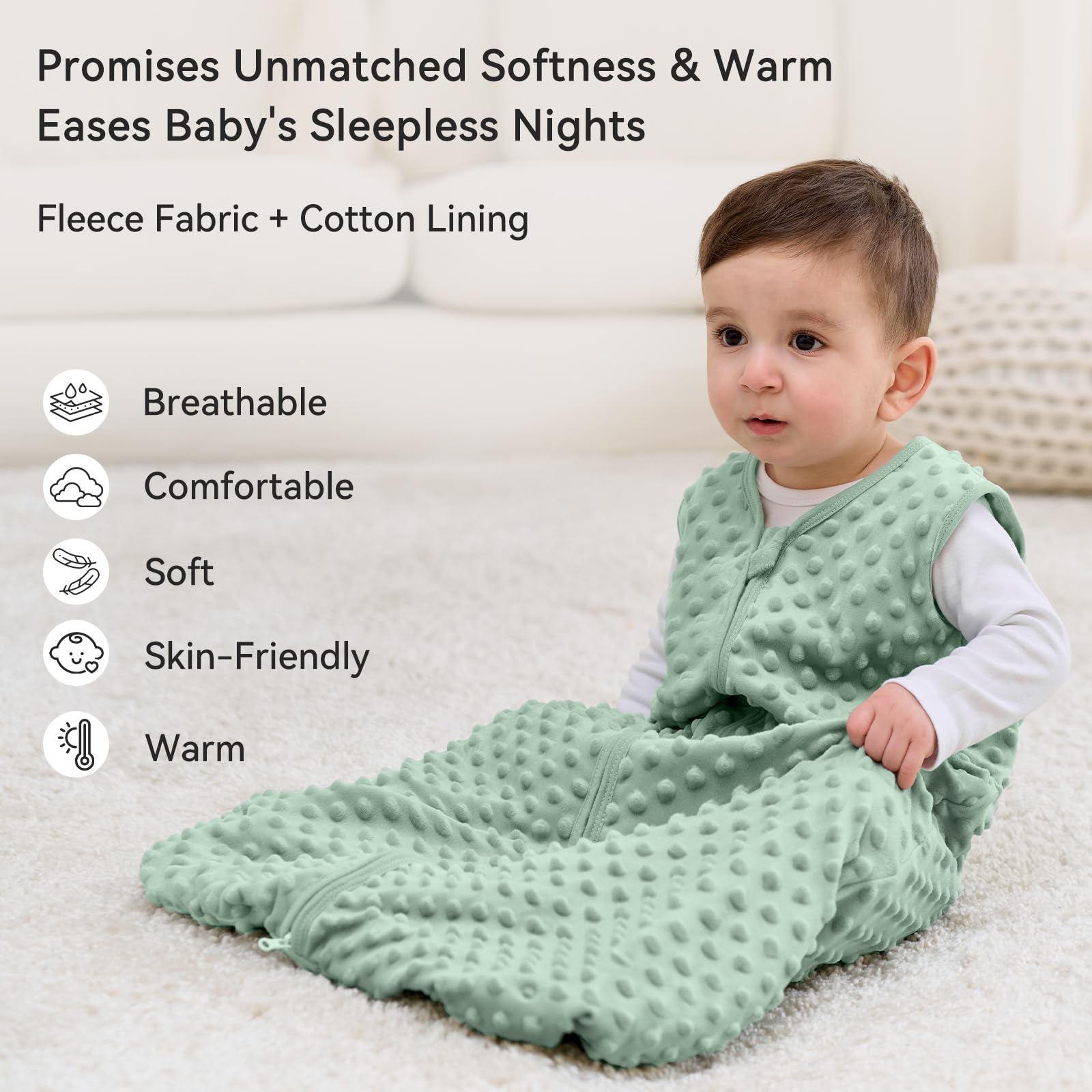 Unnivoll two-way zipper sleep sack forest green enables easy nighttime diaper changes