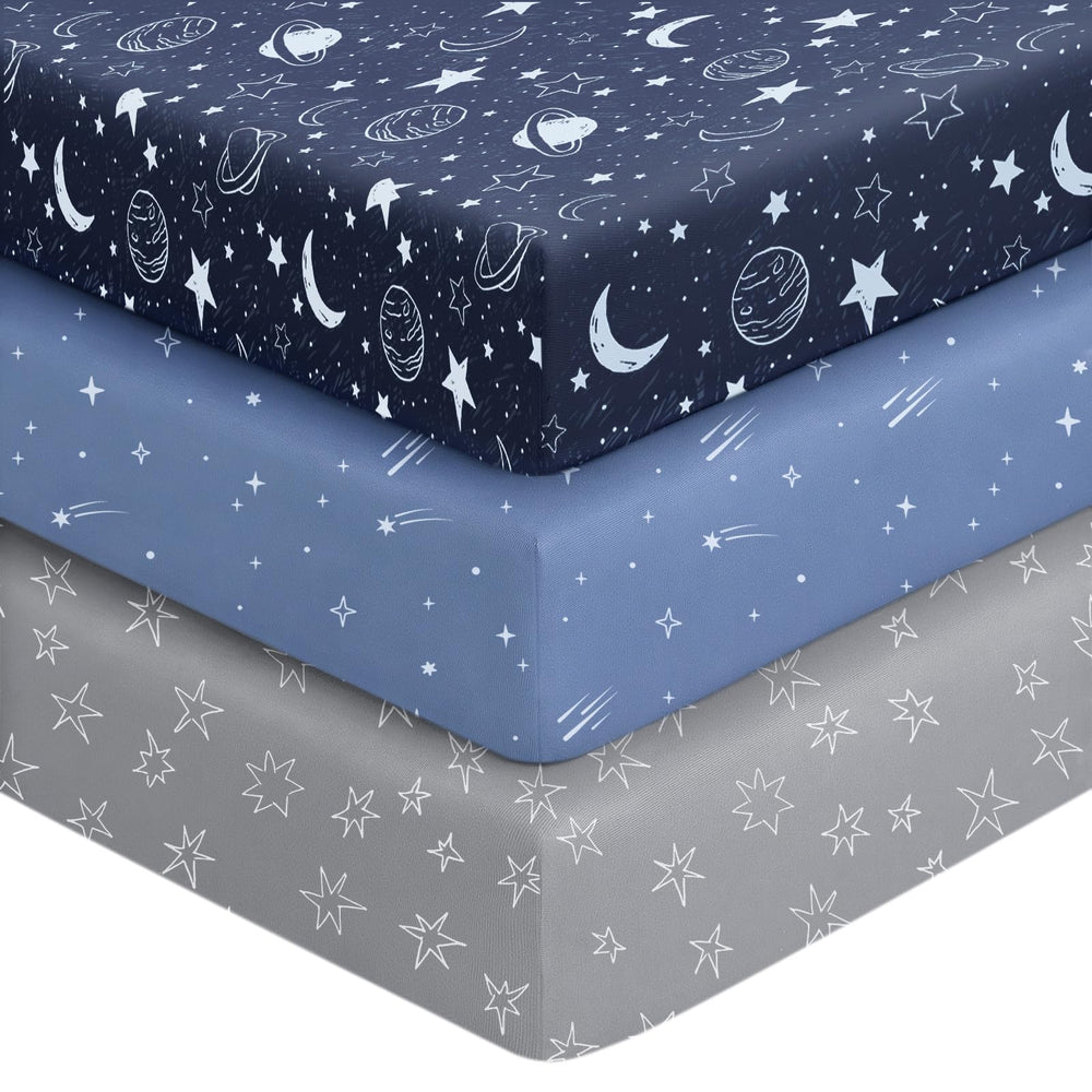 Unnivoll blue-gray planet pattern crib sheets offer soft comfort for safe sleep.