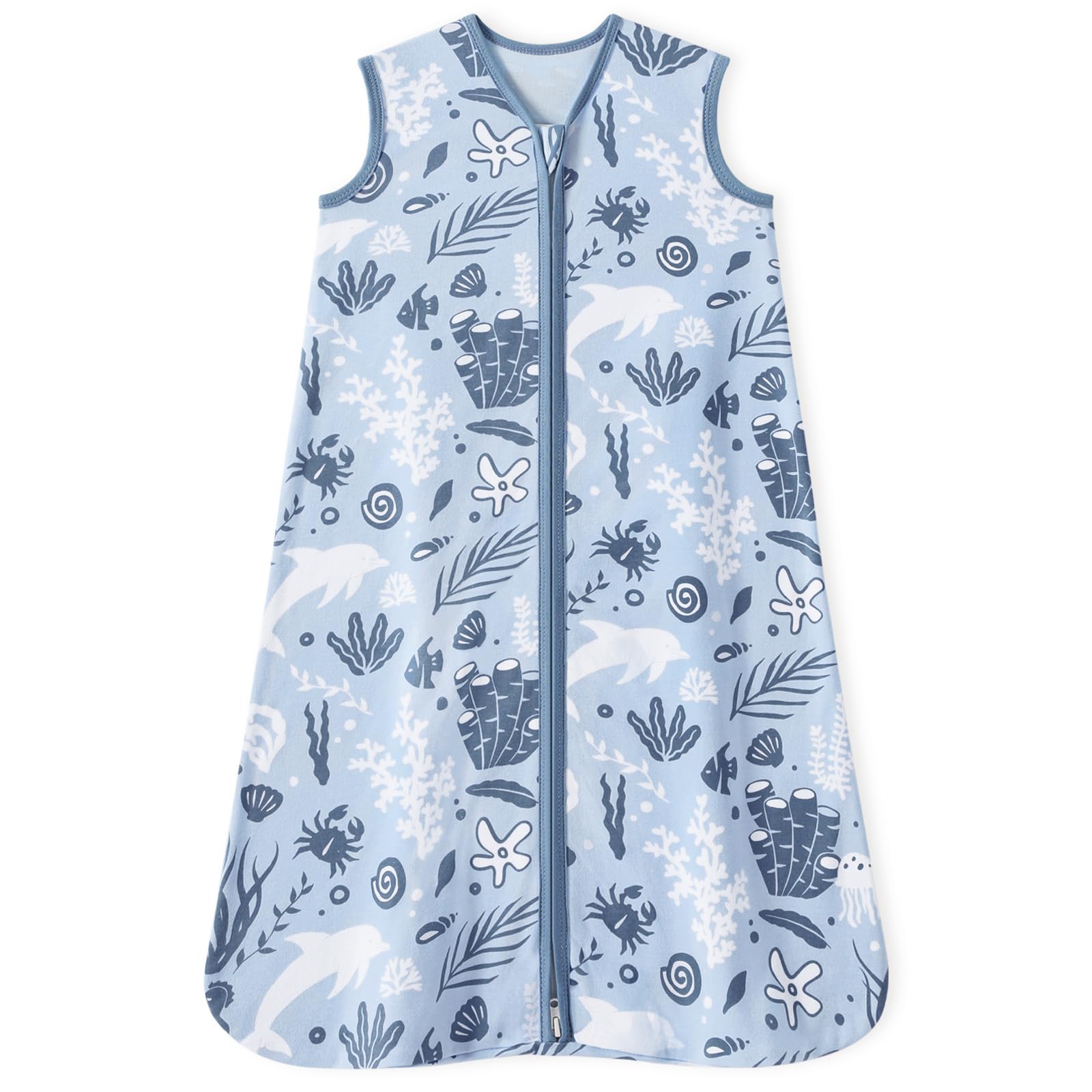 Unnivoll baby sleep sack front view in blue dolphin print supports safe, cozy sleep
