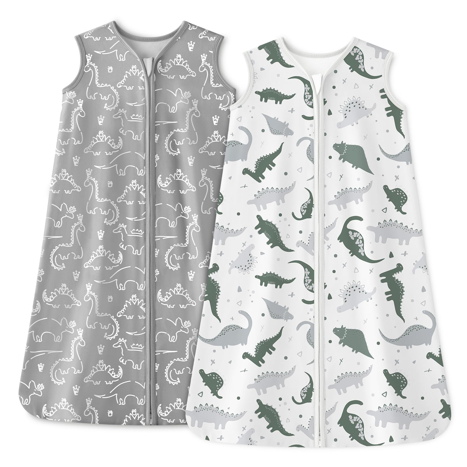 Unnivoll baby sleep sack front view in gray dinosaur design with soft cotton for gentle sleep.