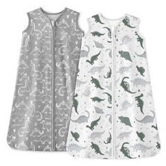 Unnivoll baby sleep sack front view in gray dinosaur design with soft cotton for gentle sleep.