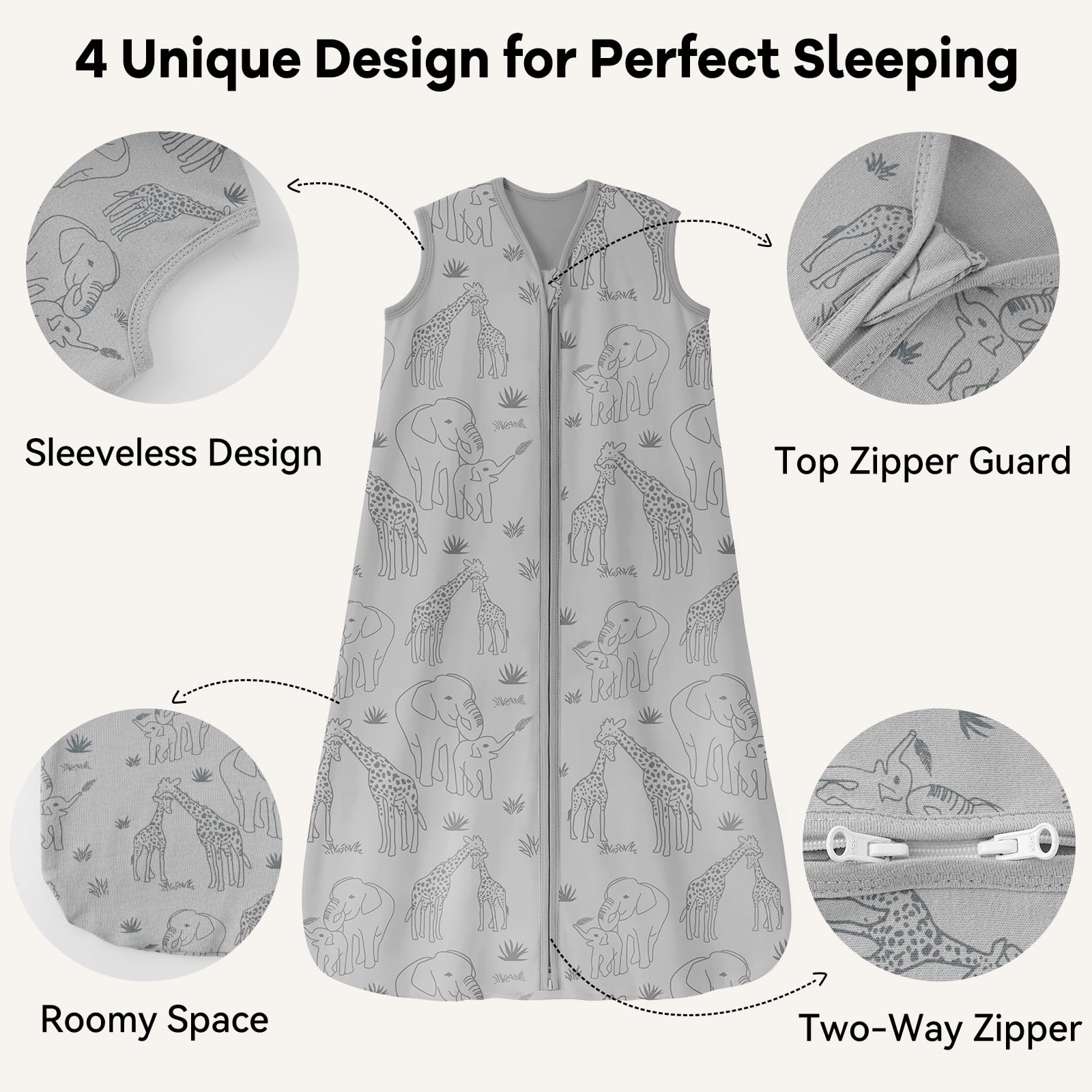 Unnivoll sleep sack 2-way zipper closeup for easy, gentle diaper changes.