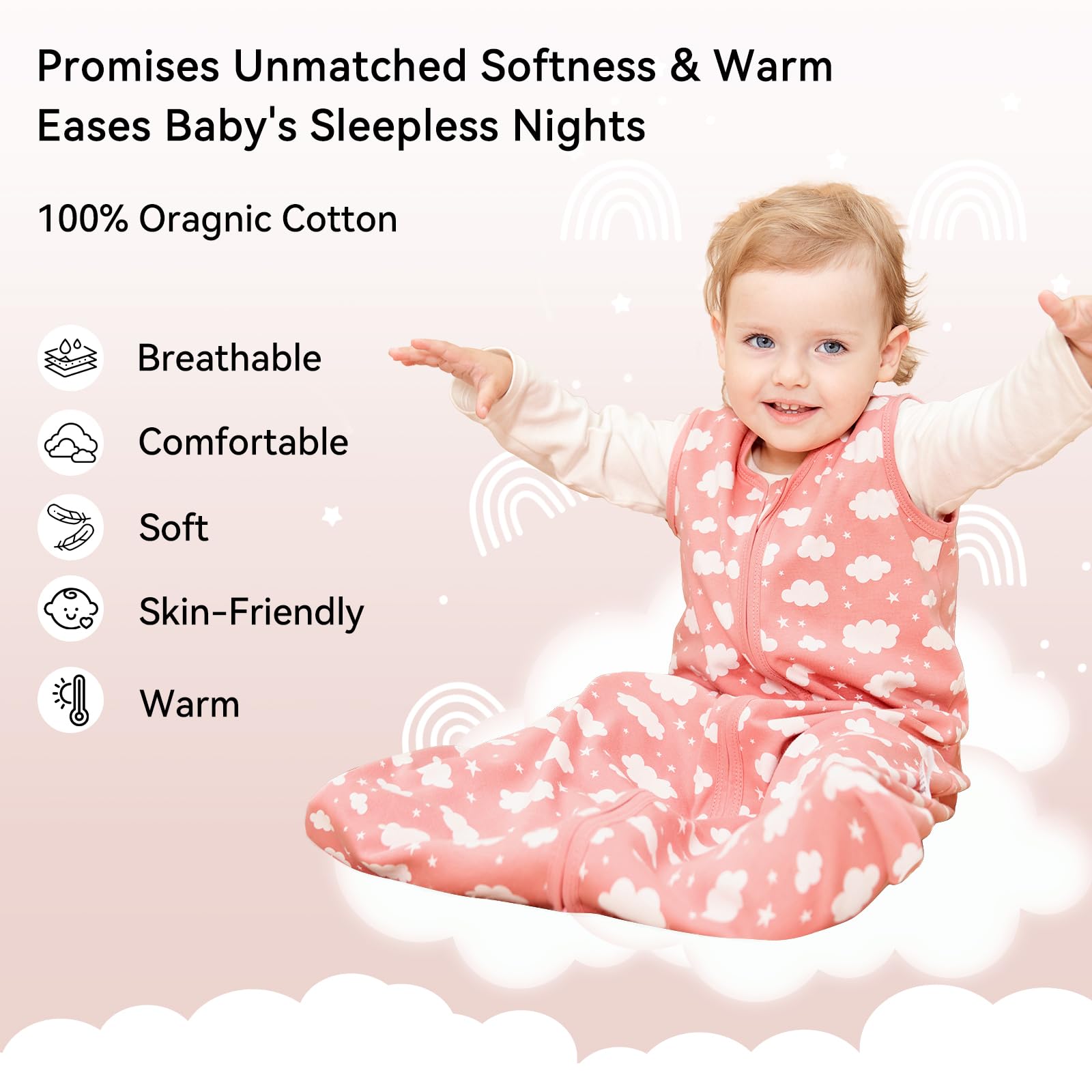 Unnivoll sleep sack shows 2-way zipper for easy diaper changes.