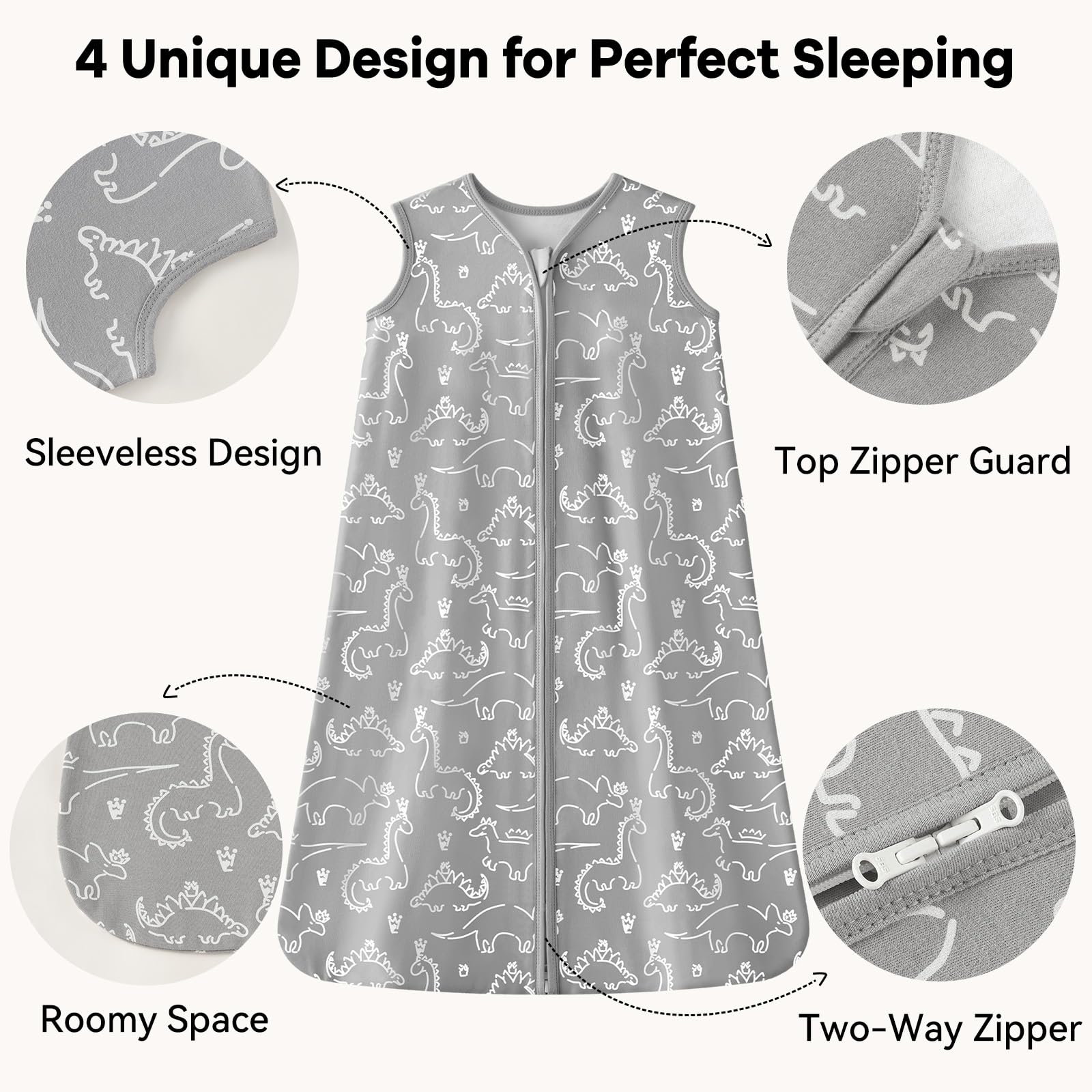 Unnivoll sleep sack with two-way zipper and top guard for easy nighttime changes.