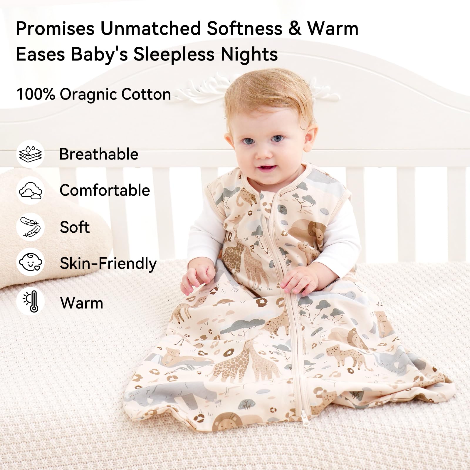 Unnivoll sleep sack triple pack apricot elephant pattern with comforting cotton for restful sleep.