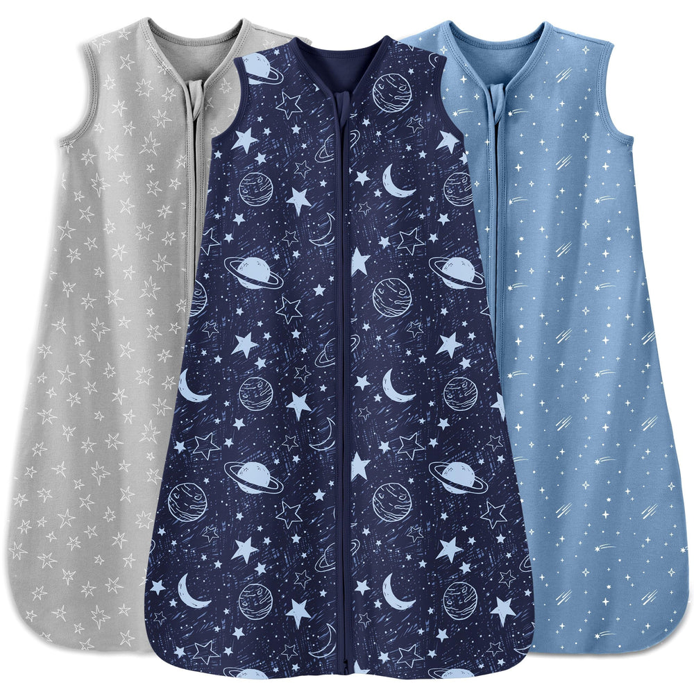 Unnivoll baby sleep sack 3-pack front view highlights convenient size options.