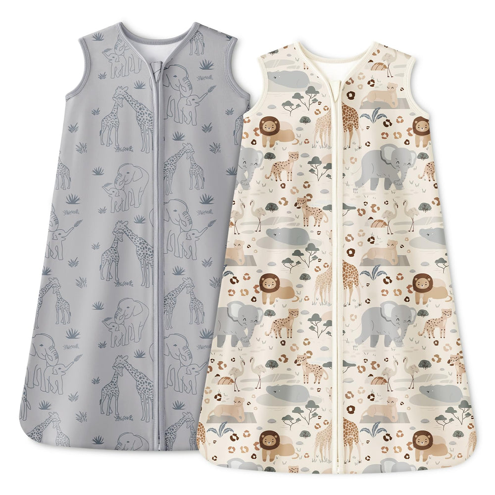 Unnivoll baby sleep sack in apricot and gray elephant on infant, cozy sleep solution.