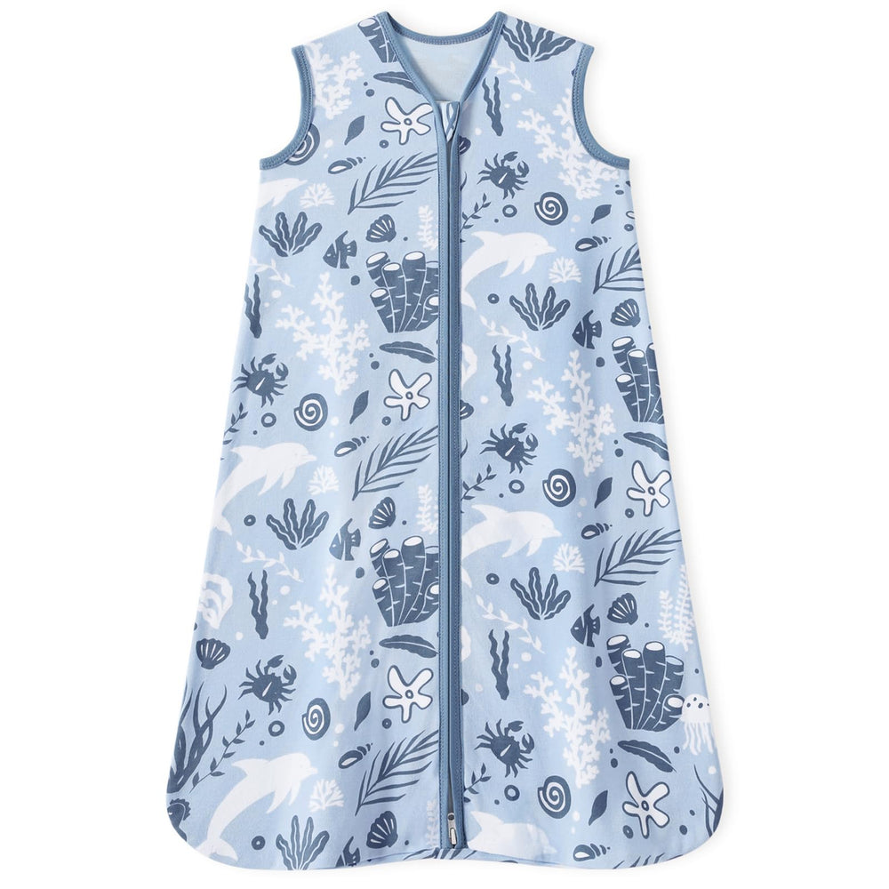 Unnivoll Baby Sleep Sack blue dolphin front view promotes safe, cozy sleep.