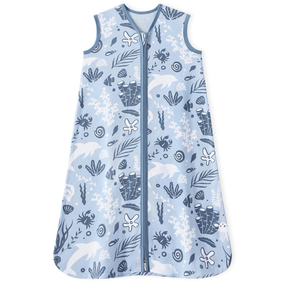 Unnivoll Baby Sleep Sack blue dolphin front view promotes safe, cozy sleep.