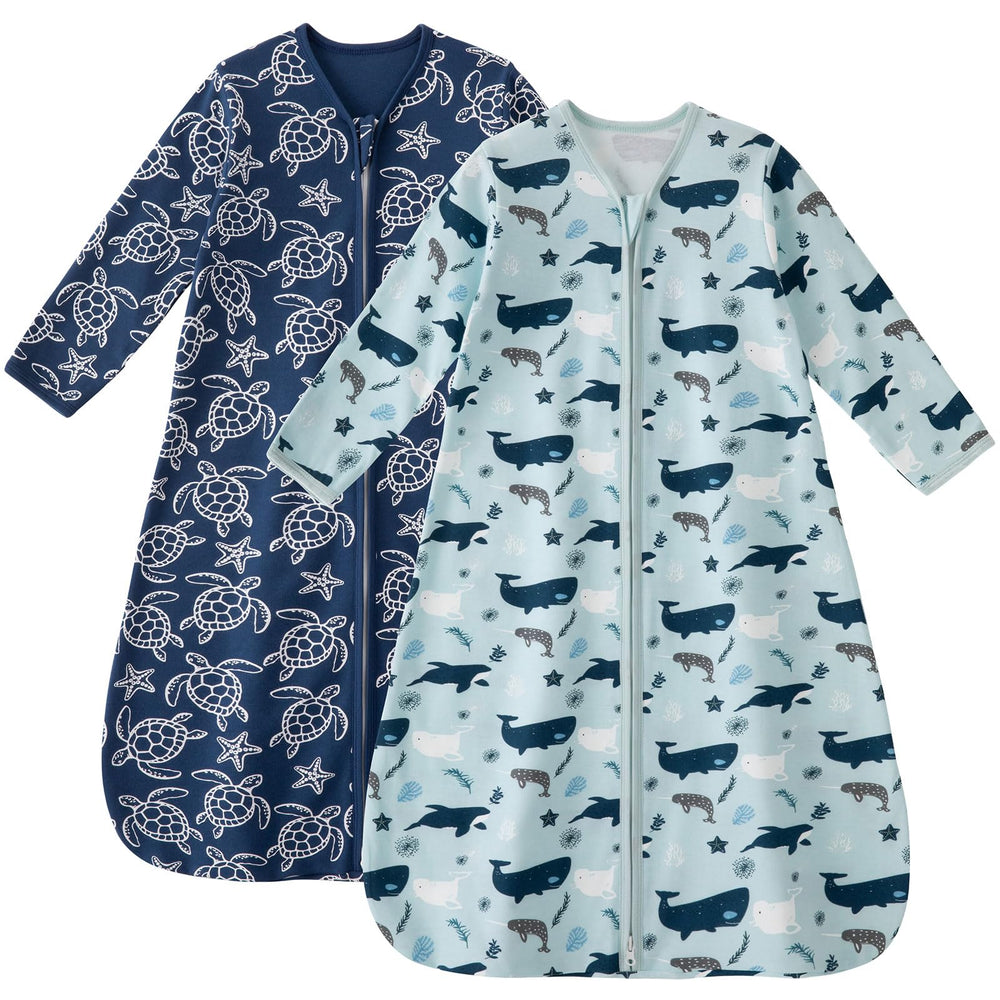 Unnivoll baby sleep sack blue turtle front view shows cozy cotton comfort