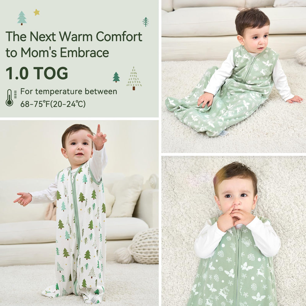 Unnivoll Green Tree sleep sack in use demonstrates safe, cozy indoor sleep.