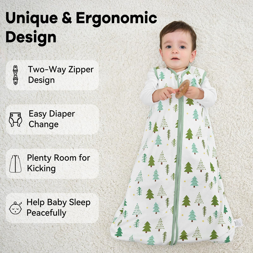 Unnivoll Green Tree sleep sack shows preshrunk cotton fabric and durable daily use.