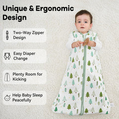 Unnivoll Baby Sleep Sack green tree preshrunk label highlights durability and care.
