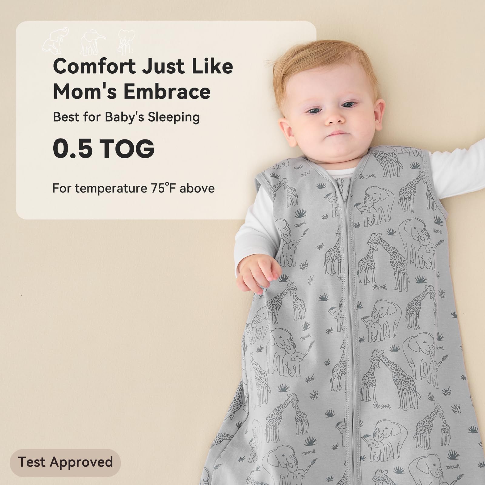 Unnivoll sleep sack rainbow pattern highlights visual interest with breathable cotton comfort.