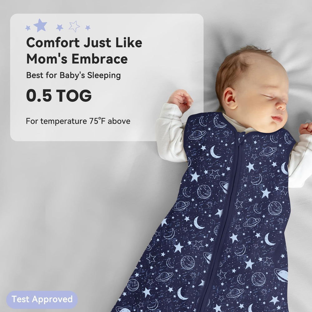 Unnivoll baby sleep sack pattern closeup showcases rainbow-star-planet visuals for soothing focus.
