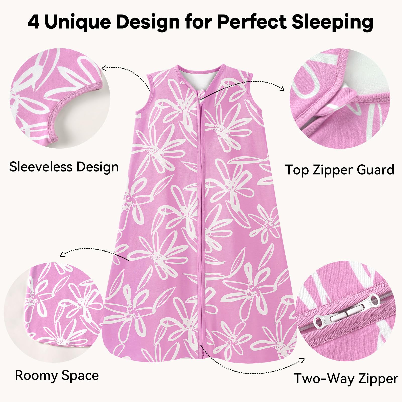 Unnivoll baby sleep sack purple leaf zipper top protector showing gentle chin guard