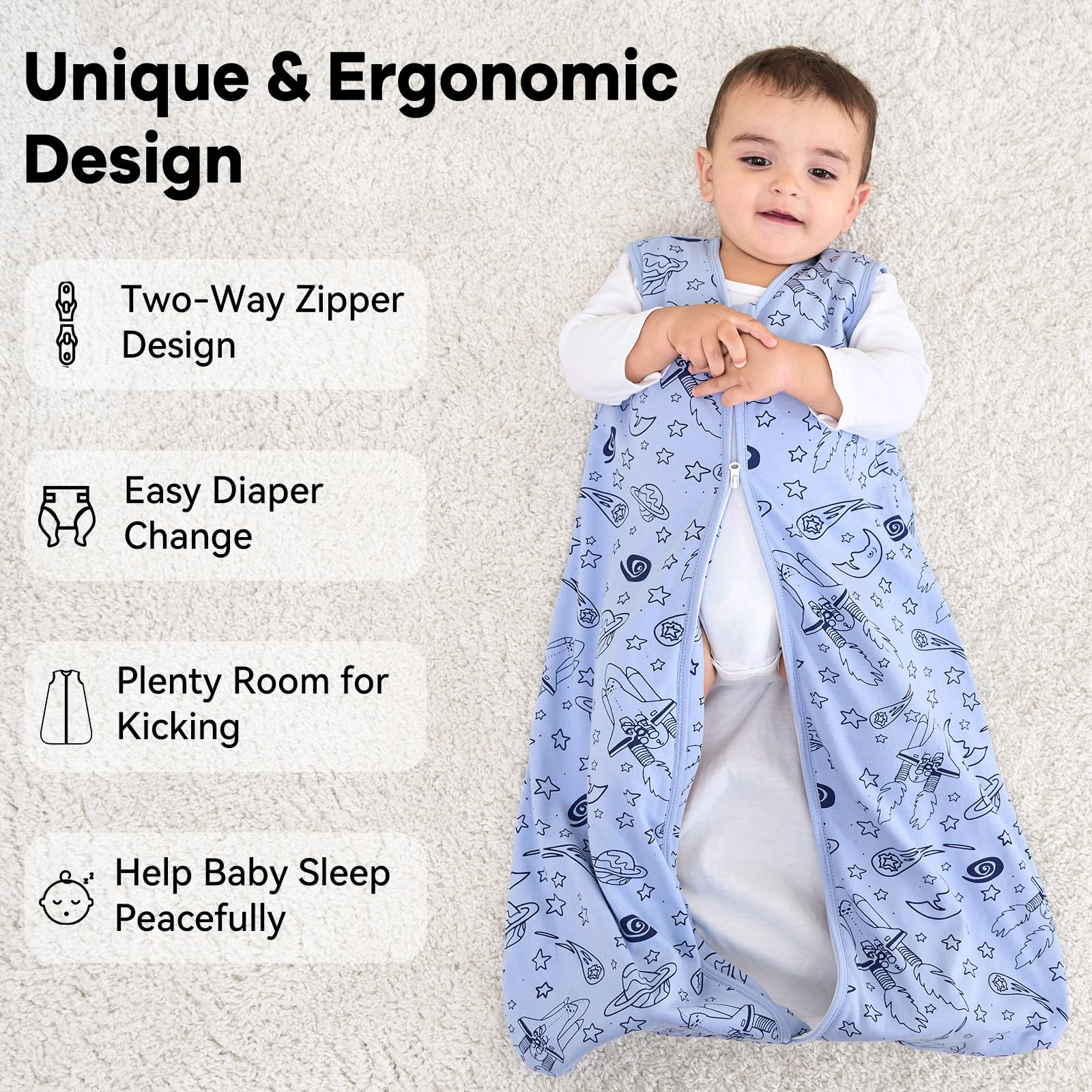 Unnivoll baby sleep sack roomy hip space allows kicks and movement