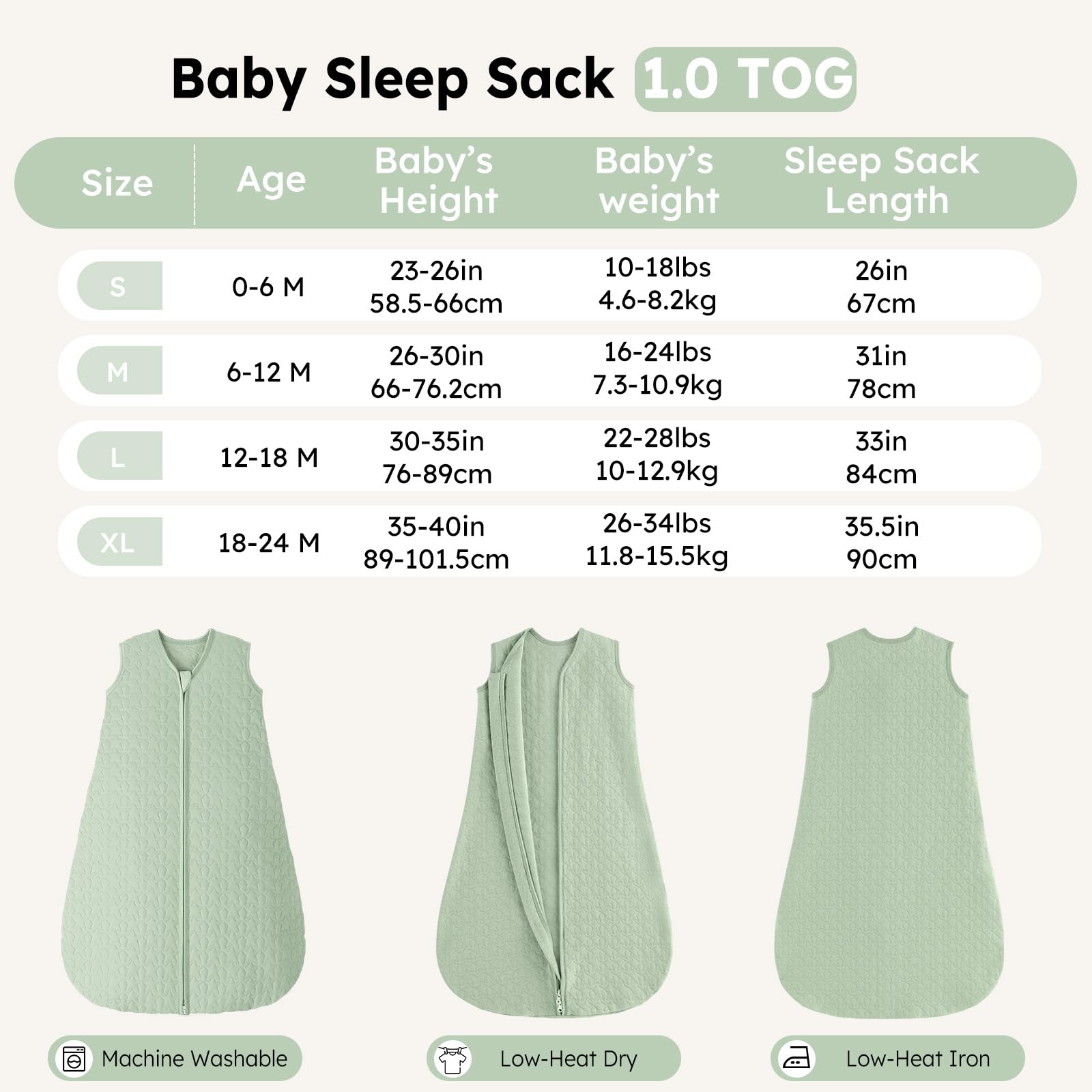 Unnivoll sleep sack size chart shows four growing options.