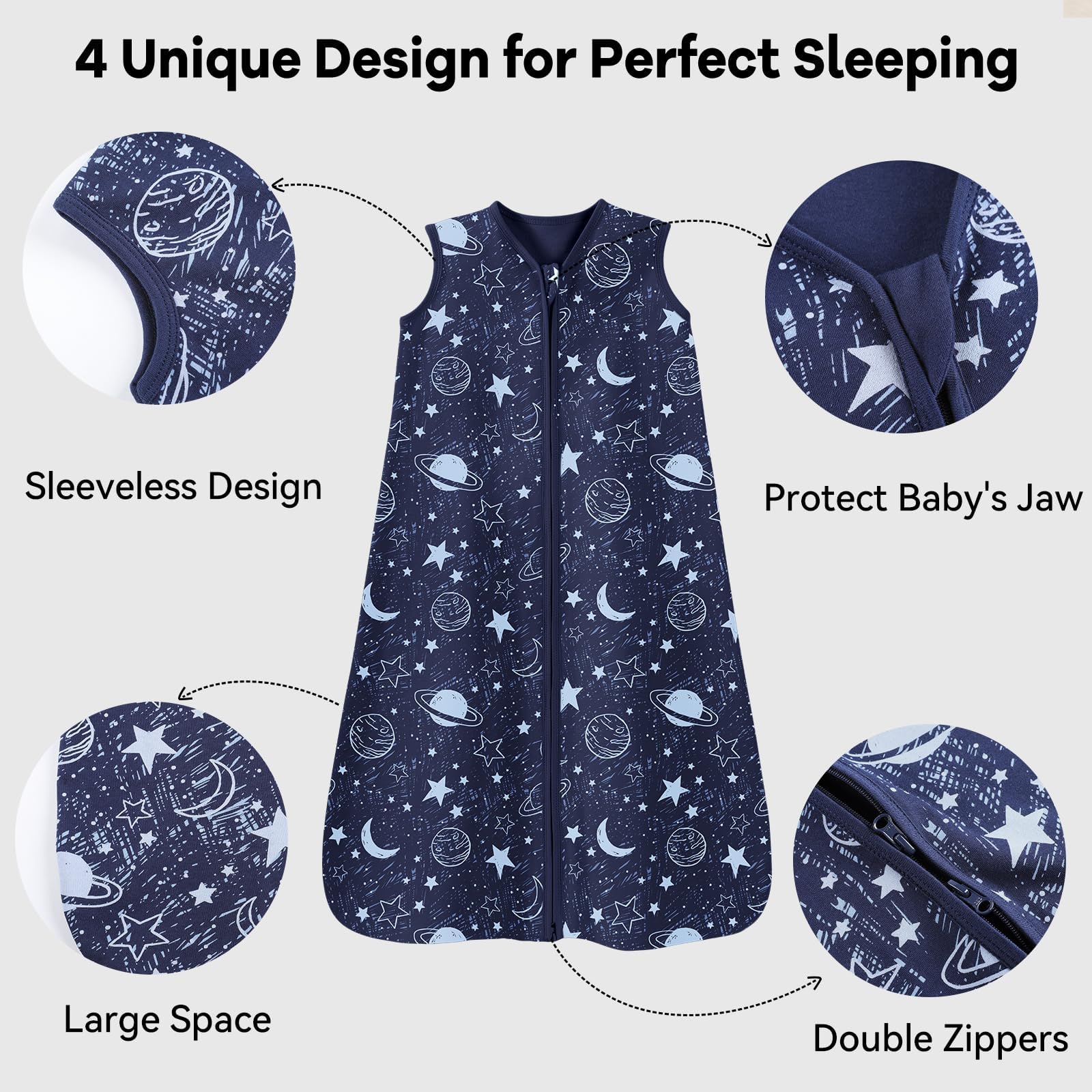 Unnivoll baby sleep sack two-way zip enables easy diaper changes.
