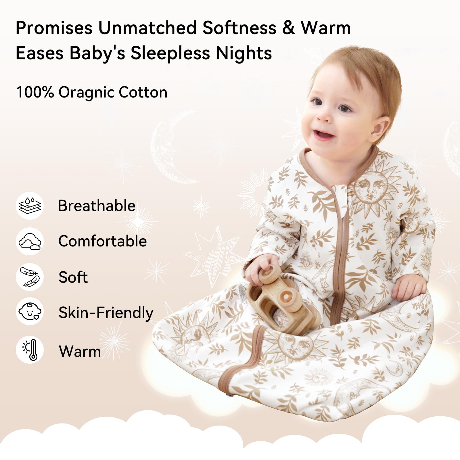 Unnivoll sleep sack two-way zipper shown for easy nighttime diaper changes.