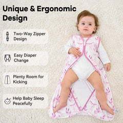 Unnivoll sleep sack worn by infant in bed demonstrates roomy, comfy space.