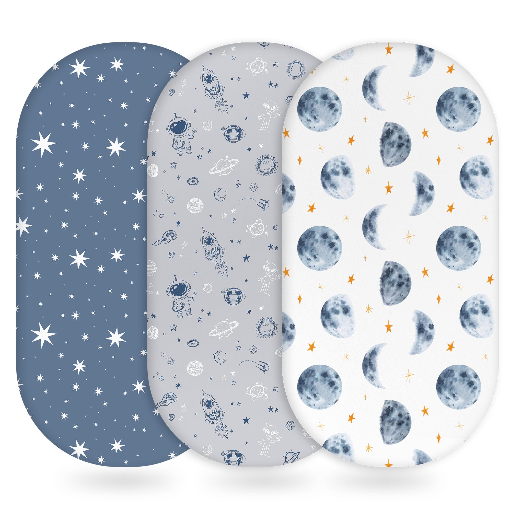 Unnivoll bassinet sheets grey moon flatlay highlight soft, breathable fabric for baby sleep.
