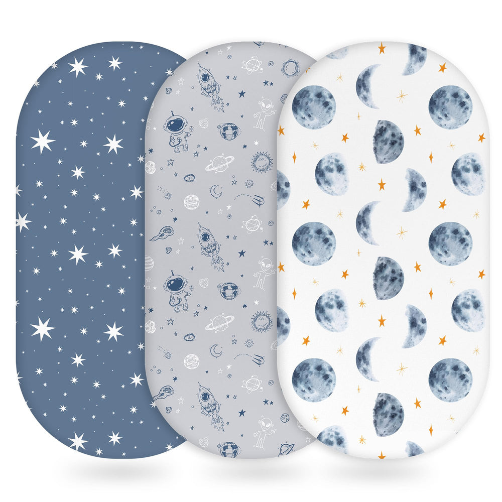 Unnivoll bassinet sheets grey moon flatlay highlight soft, breathable fabric for baby sleep.