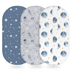 Unnivoll bassinet sheets grey moon flatlay highlight soft, breathable fabric for baby sleep.
