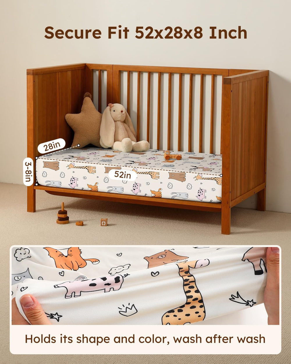 Unnivoll 52x28x8 fit image shows 360-degree coverage for standard crib and toddler mattress.