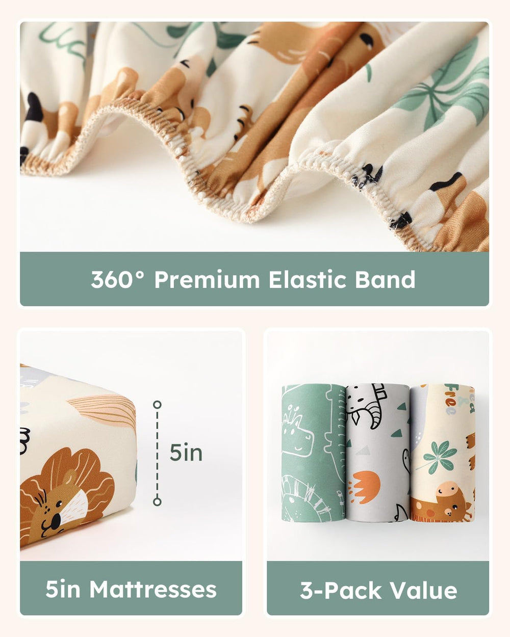 Unnivoll three-pack set showing versatile prints to decorate baby’s room and calm sleep space