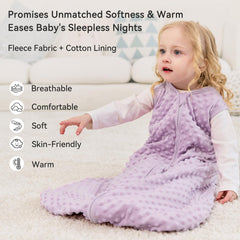 Unnivoll fleece sleep sack shows 2-way zipper for easy diaper changes.