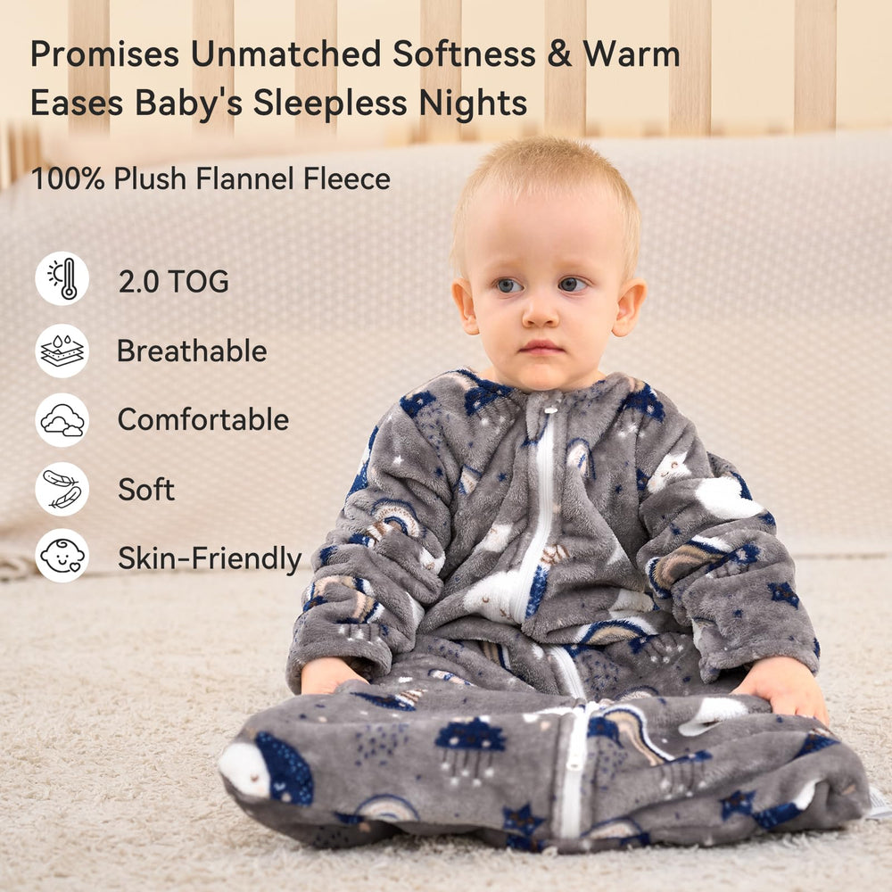 Unnivoll fleece sleep sack back view highlighting relaxed hip space.