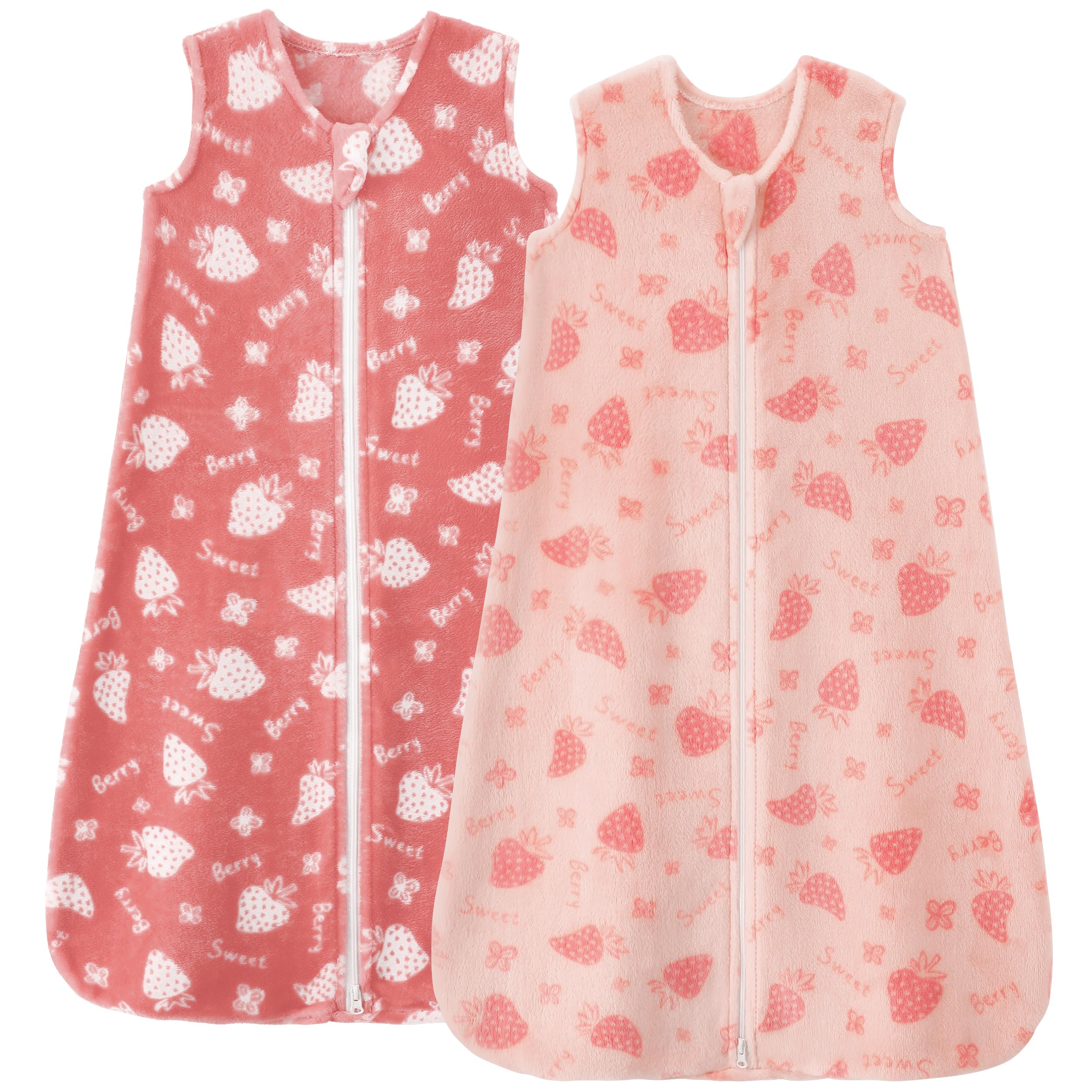 Unnivoll fleece sleep sack front view in pink-white strawberry design for cozy warmth.