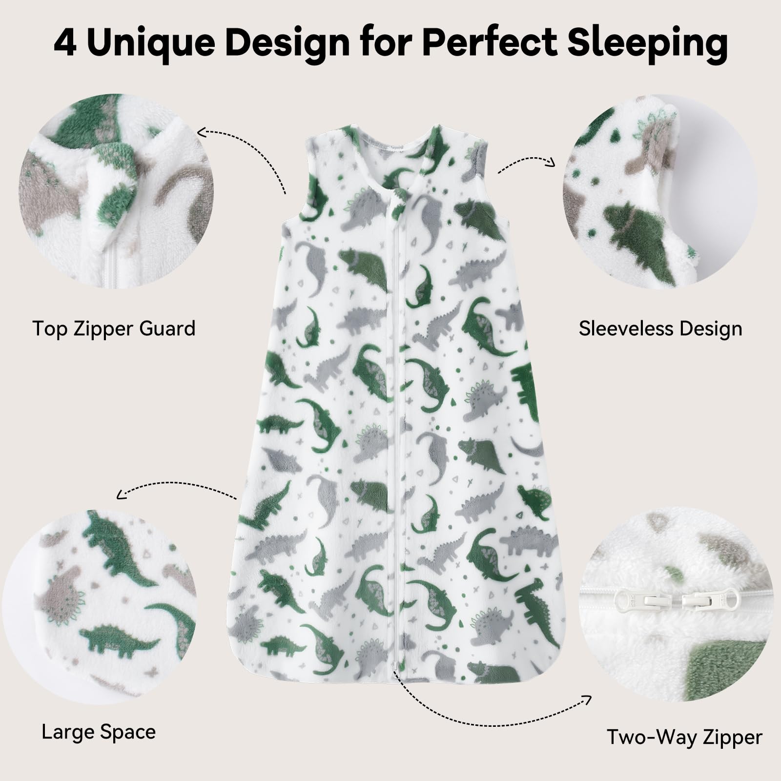Unnivoll fleece sleep sack gray dinosaur, interior fleece close-up, plush warmth for sensitive skin.