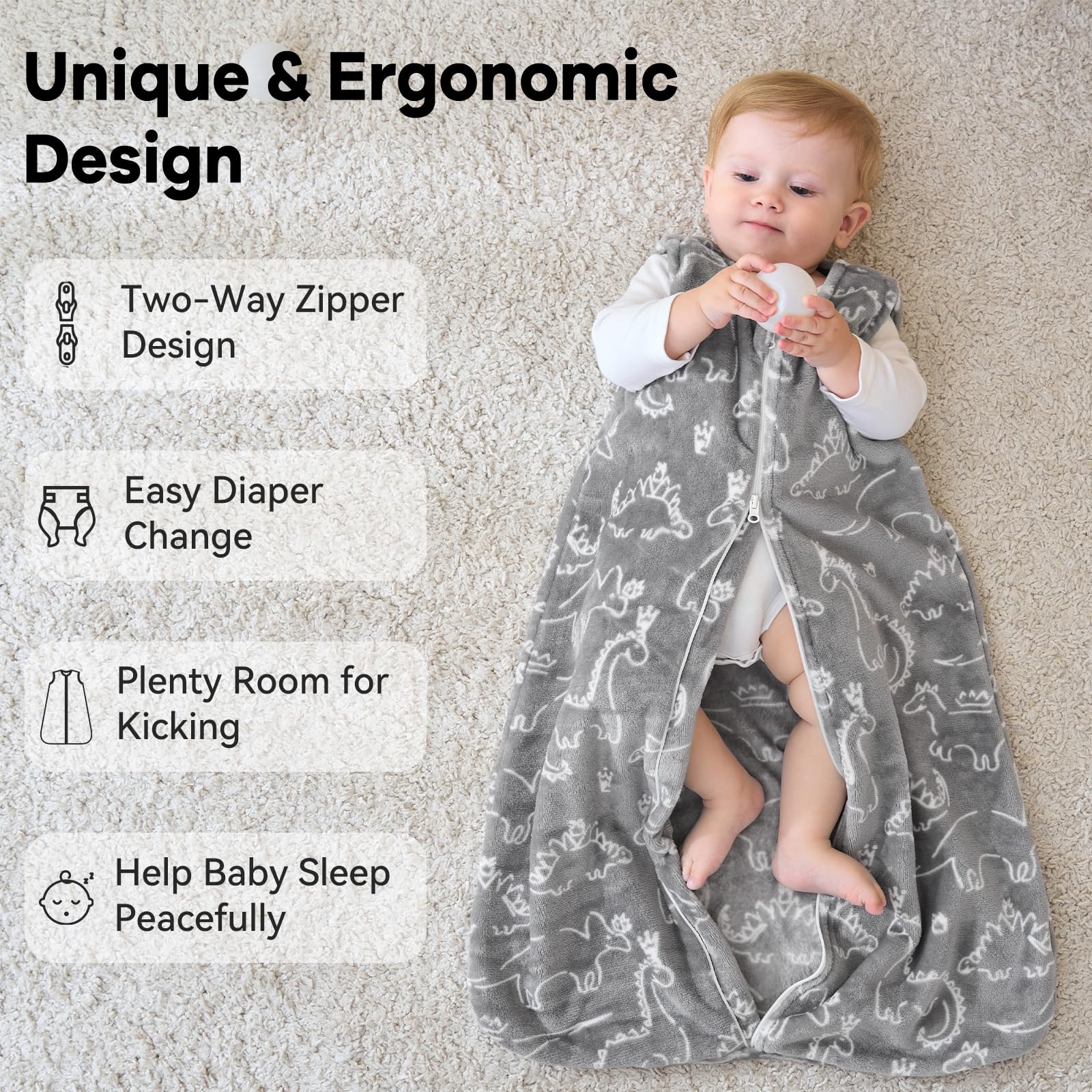Unnivoll fleece sleep sack gray dinosaur, toddler wearing it, roomy yet snug for active movement.