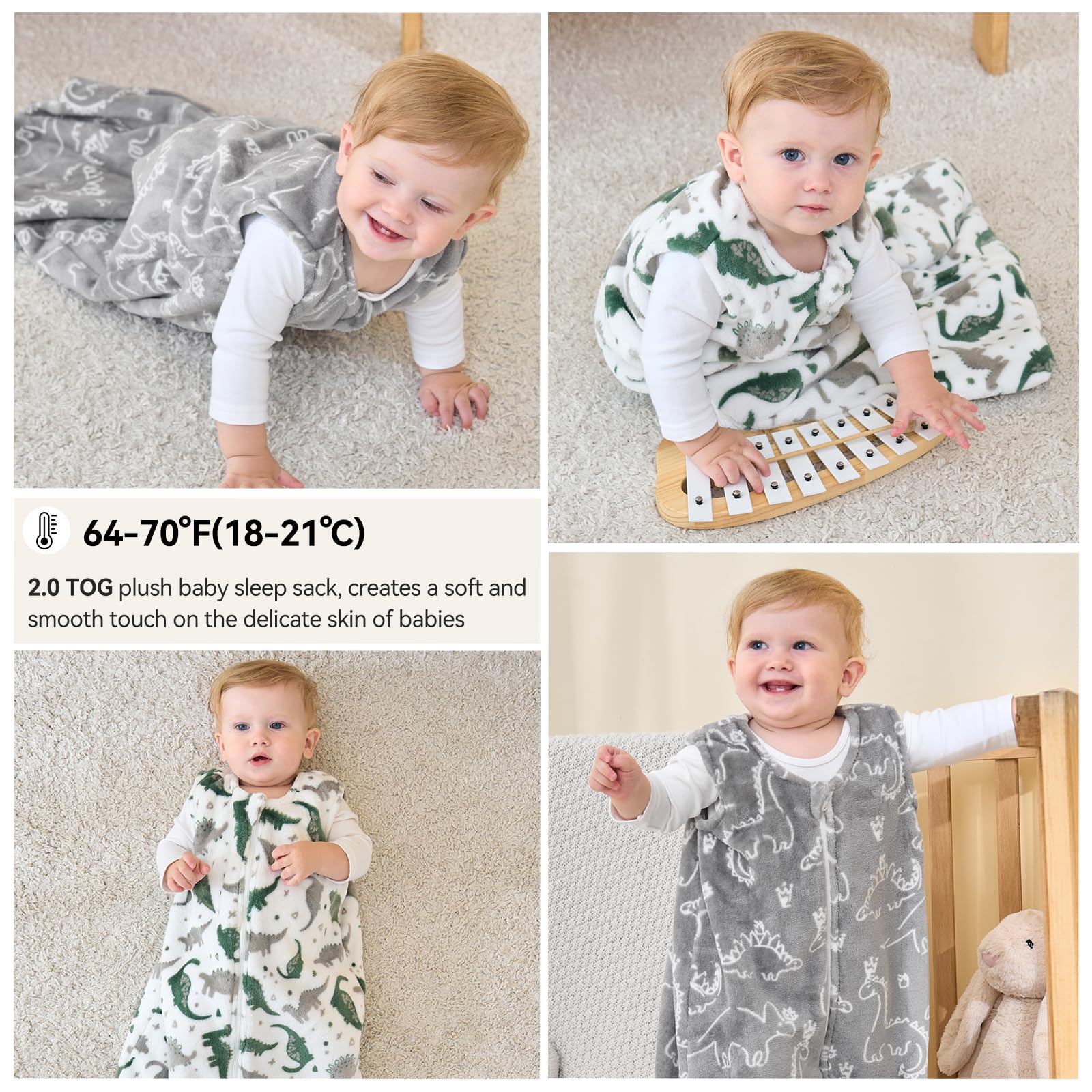 Unnivoll fleece sleep sack gray dinosaur, size XL chart view, helps choose the right fit.