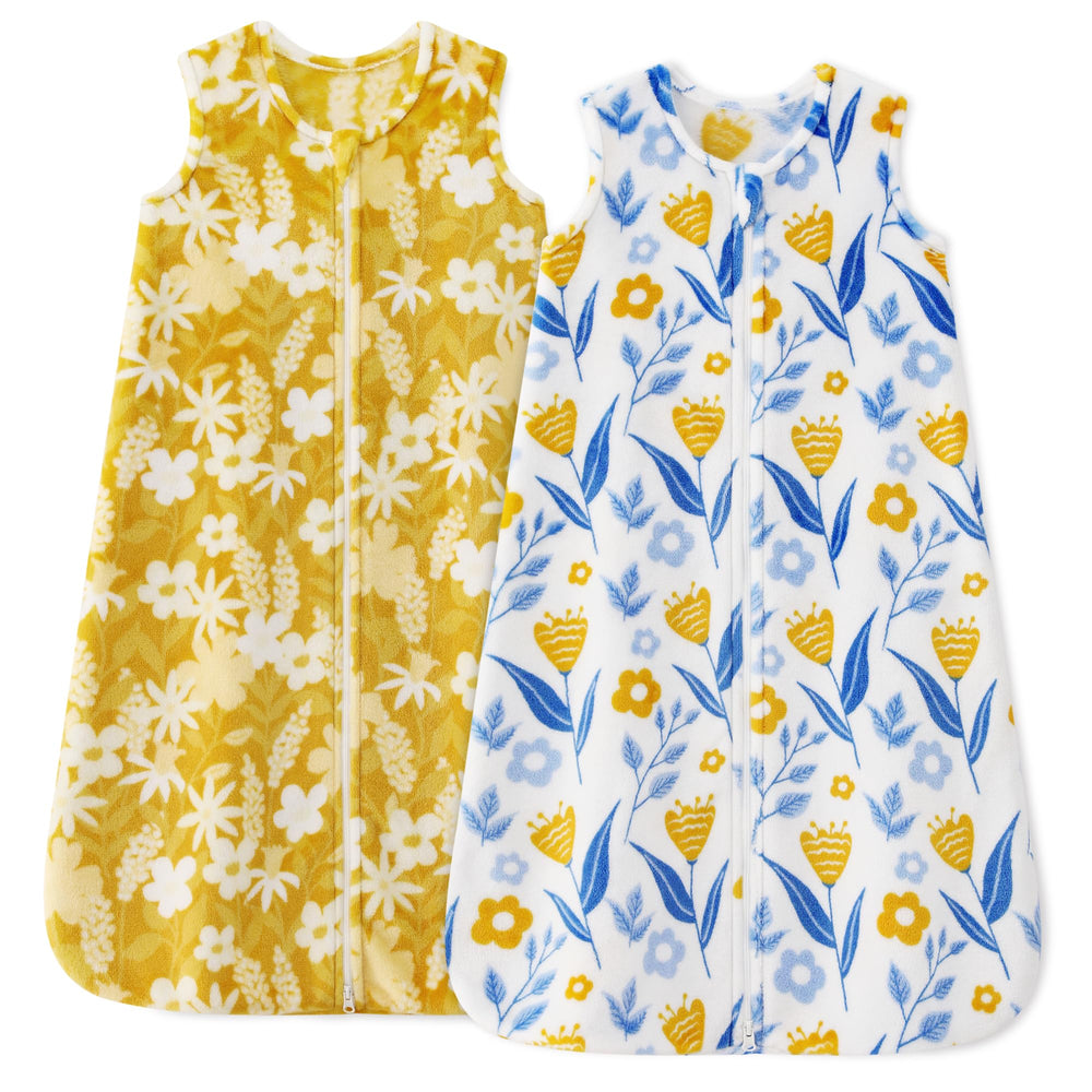 Unnivoll fleece sleep sack yellow-white flower print provides cozy warmth for baby.